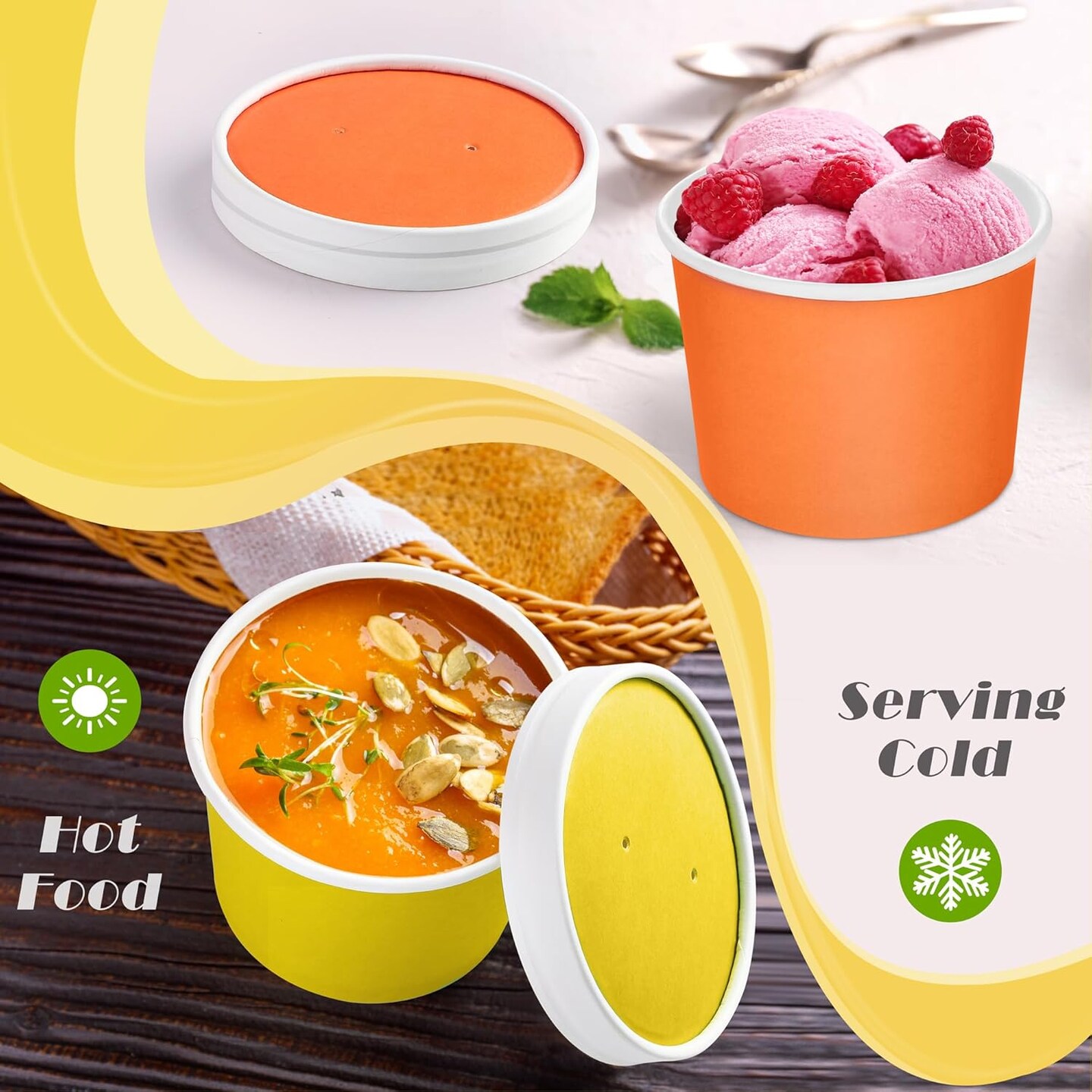 60 Pack 8 Ounces Ice Cream Paper Cups with Lids Disposable Paper Dessert Bowls Ice Cream Containers Sundae Snack Party Supplies Treat Soup Cups for Camping, Trips, Picnics, and Events