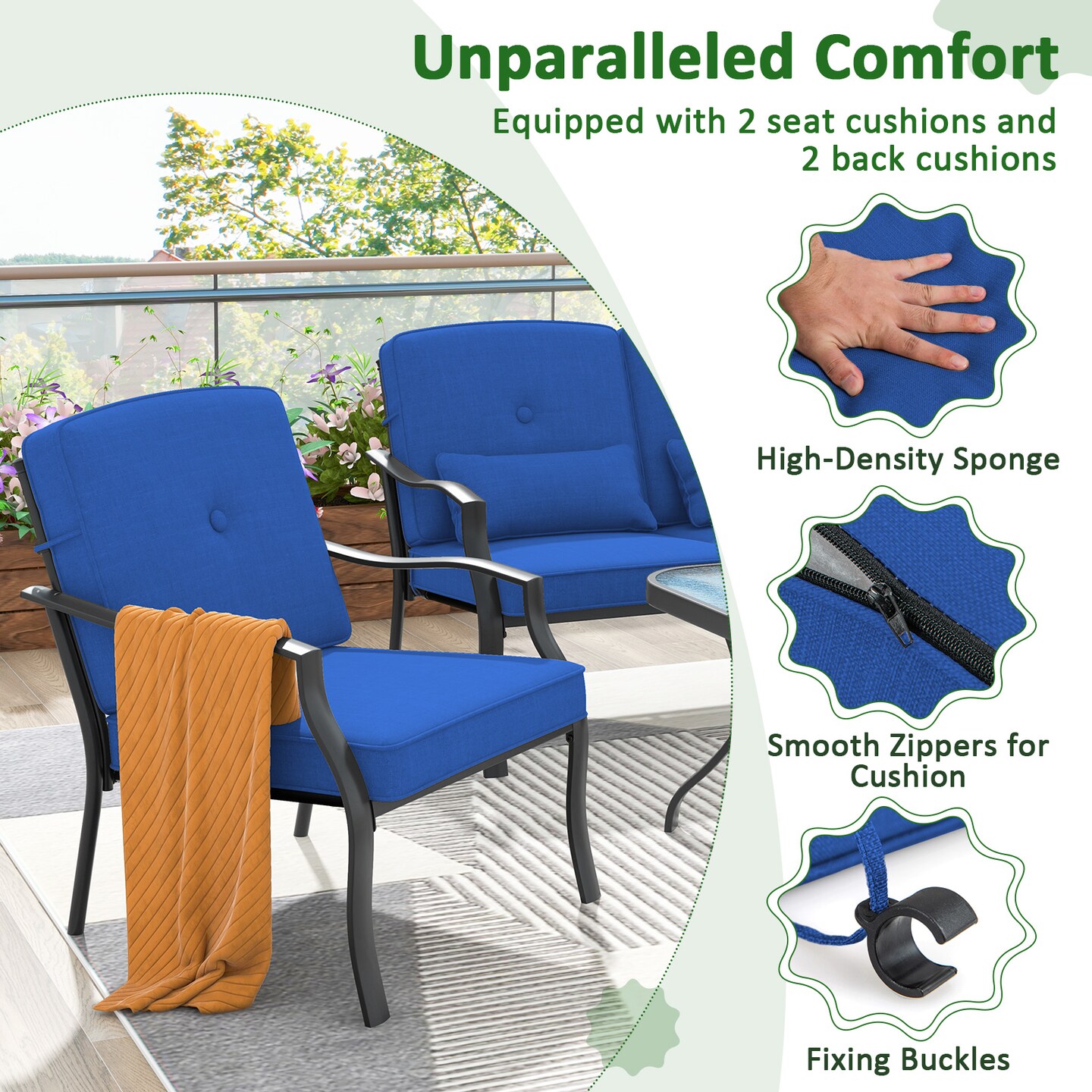 2-Piece Outdoor Patio Metal Chair Set with Cushions Black Frame, Gray Removable Cushions