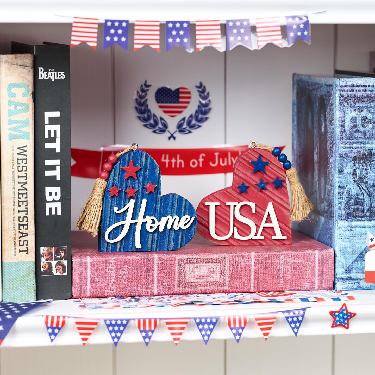 Valery Madelyn 4th of July Table Decorations, 2 Pcs Wooden Memorial Day Decorations Patriotic Decor Heart Centerpieces, Red White and Blue Americana Home USA Sign for Independence Day, 4 inch