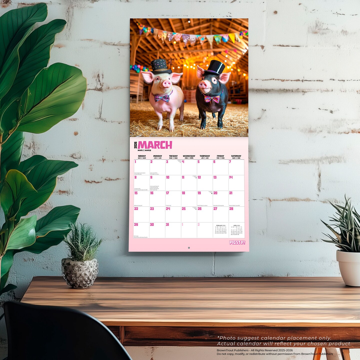 Pigsty | 2026 12 x 24 Inch (Hanging) Monthly Square Wall Calendar | Plastic-Free | BrownTrout | Domestic Pet Farm Animals