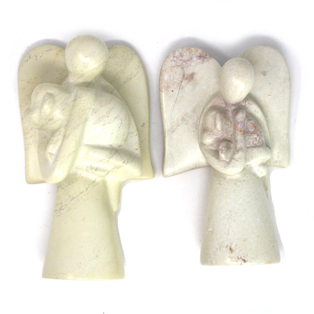 Cream Soapstone Angel Sculpture with Dog 5 inches Hand-Carved, Sanded and Waxed Finish