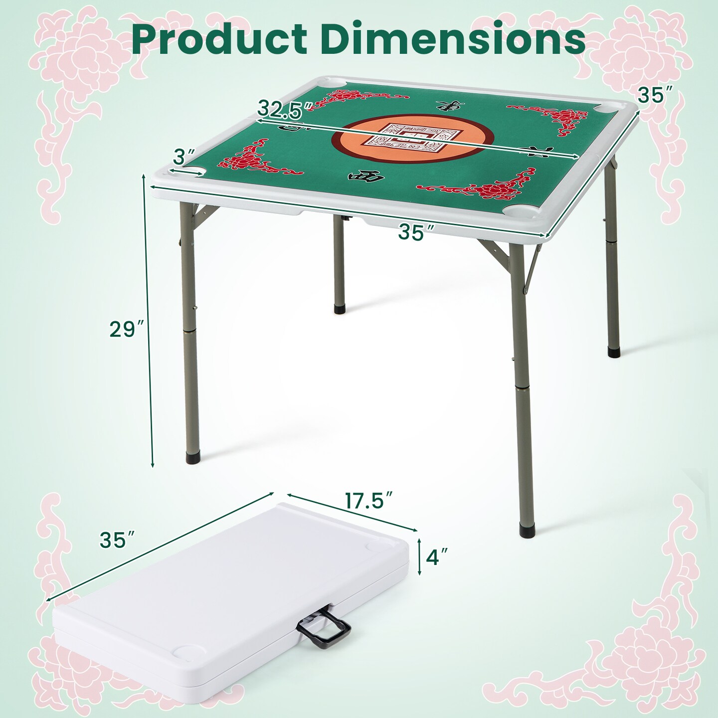 35&#x22; Foldable Mahjong Table with Mat and Handle Portable Game Table for 4 Players Indoor Outdoor Use