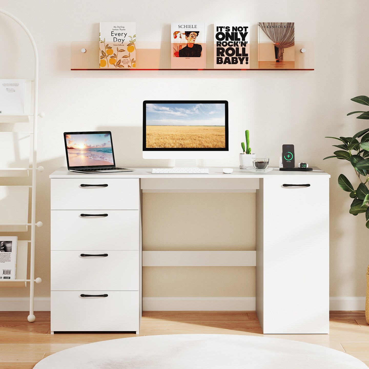 Computer Desk with Drawers, Cabinet and Charging Ports for Home Office