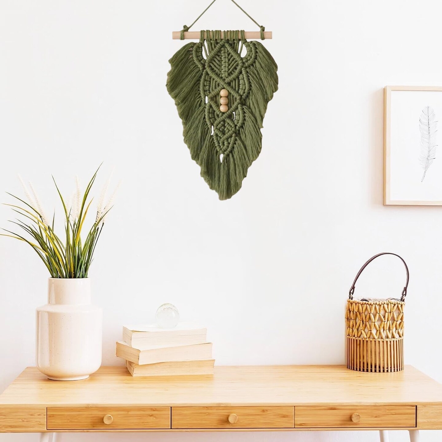 Boho Macrame Wall Hanging Leaves,Green Woven Leaf Tapestry Wall Decor|Green