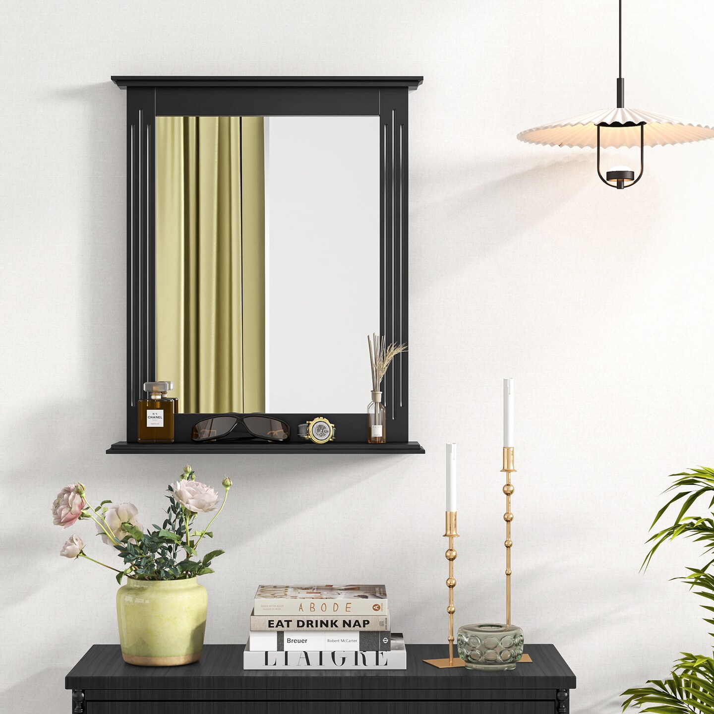 Black Wall-Mounted MDF Bathroom Mirror with Shelf Space-Saving and Stylish Design