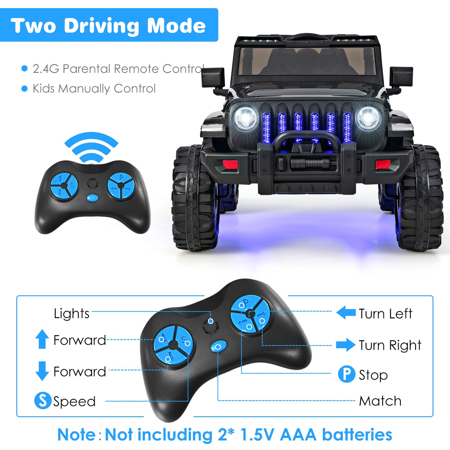 12V Kids Ride-On Car with Remote Control and Two-Speed Modes Music Player and LED Lights for Ages 3 Years