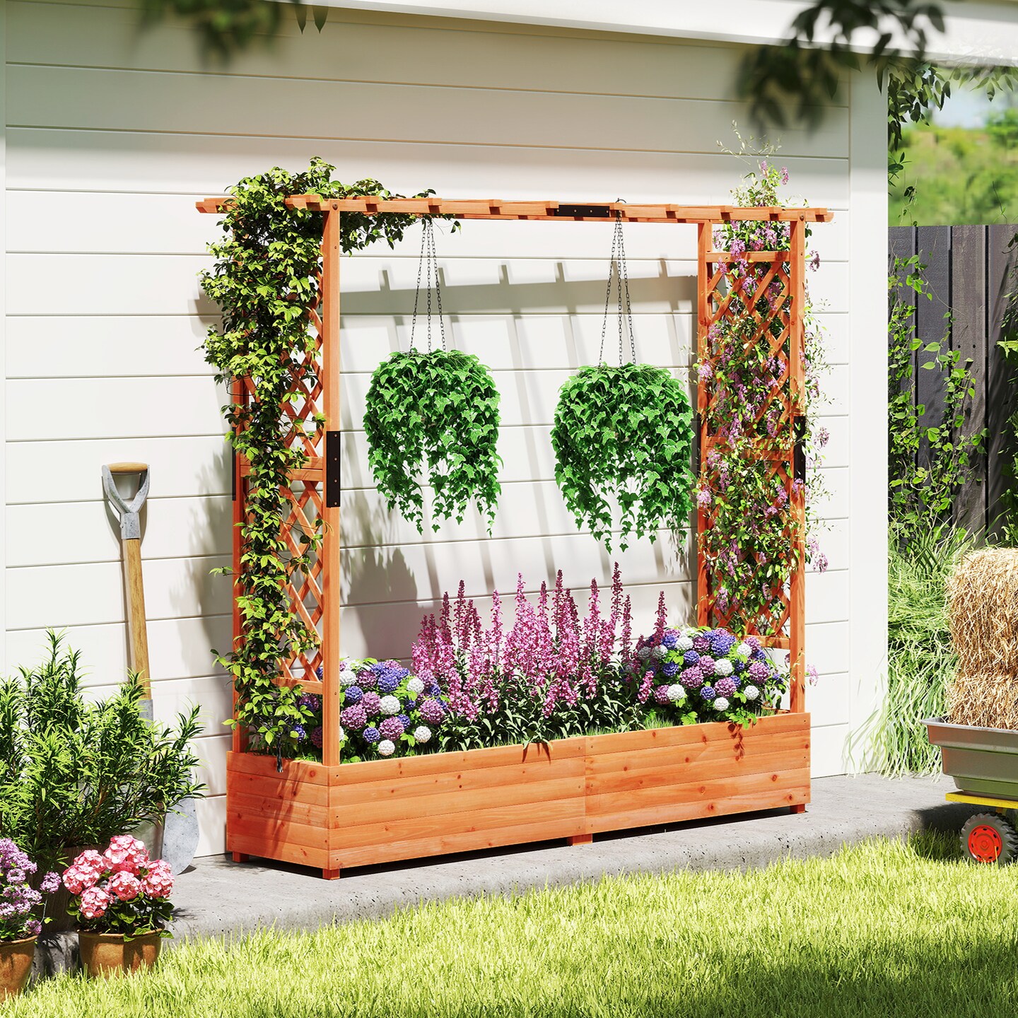 77-Inch Outdoor Wooden Raised Planter Box with Trellis and Drainage Vertical Garden Bed Frame
