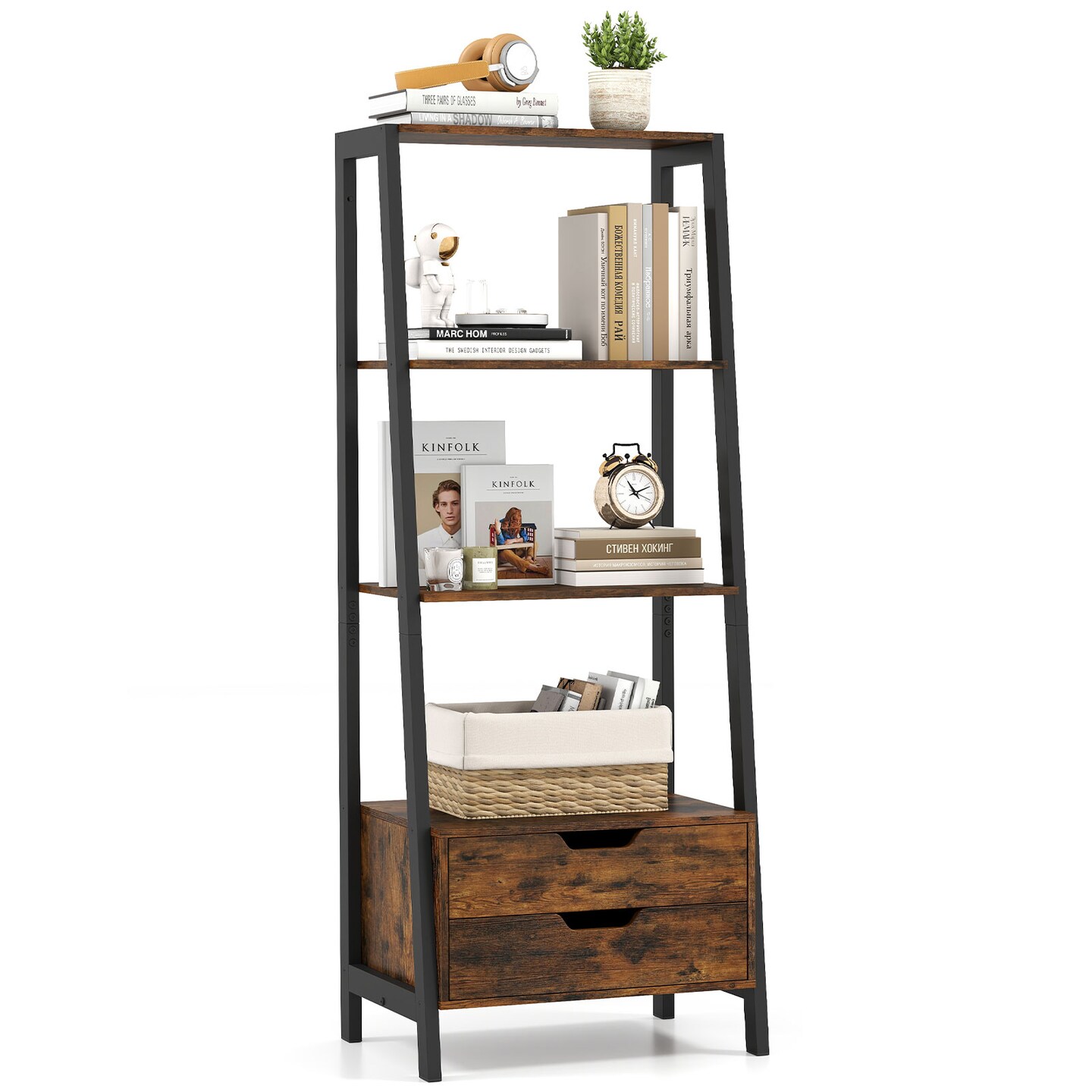 Modern 4-Shelf Ladder Bookcase with Drawers and Sturdy Metal Frame for Living Room or Kitchen