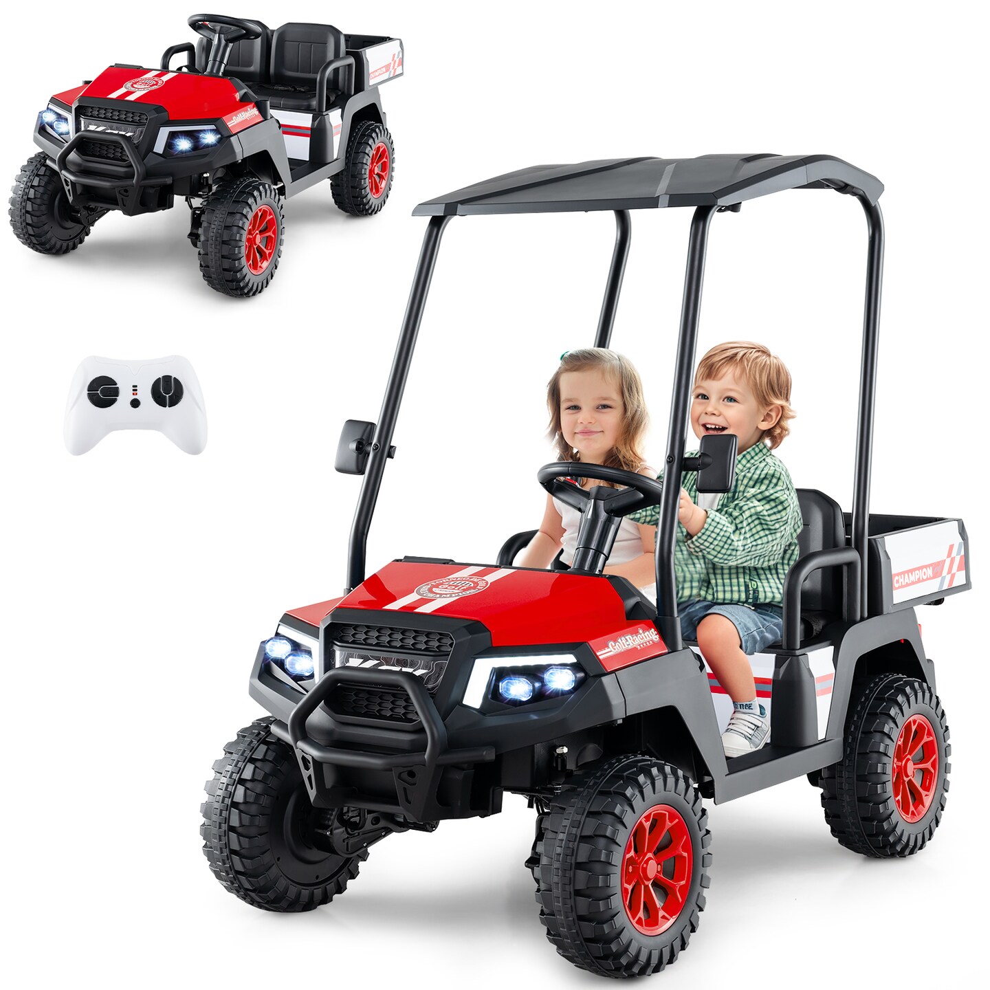 2-Seater Kids Golf Cart 4WD with Storage Trunk, Horn and Rechargeable Battery