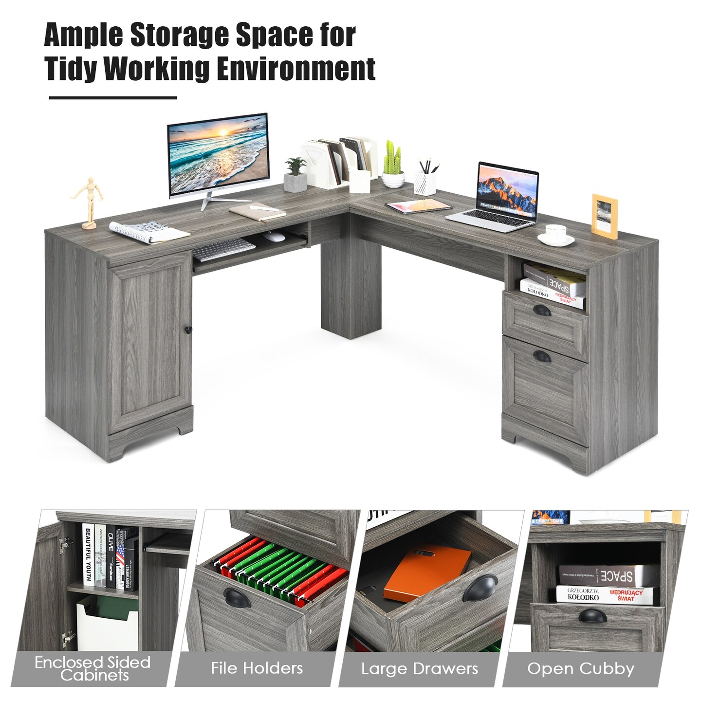 L-Shaped Computer Desk with Drawers and Shelves for Office and Study Room