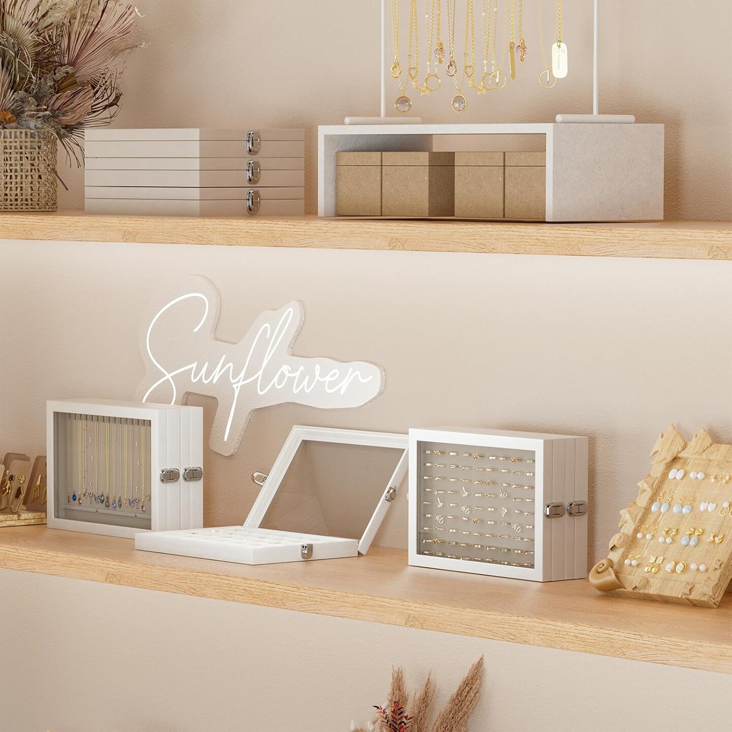 Jewelry Storage Tray with Lid, 100 Grids Velvet Ring Organizer Holder Storage Box for Drawer -Beige