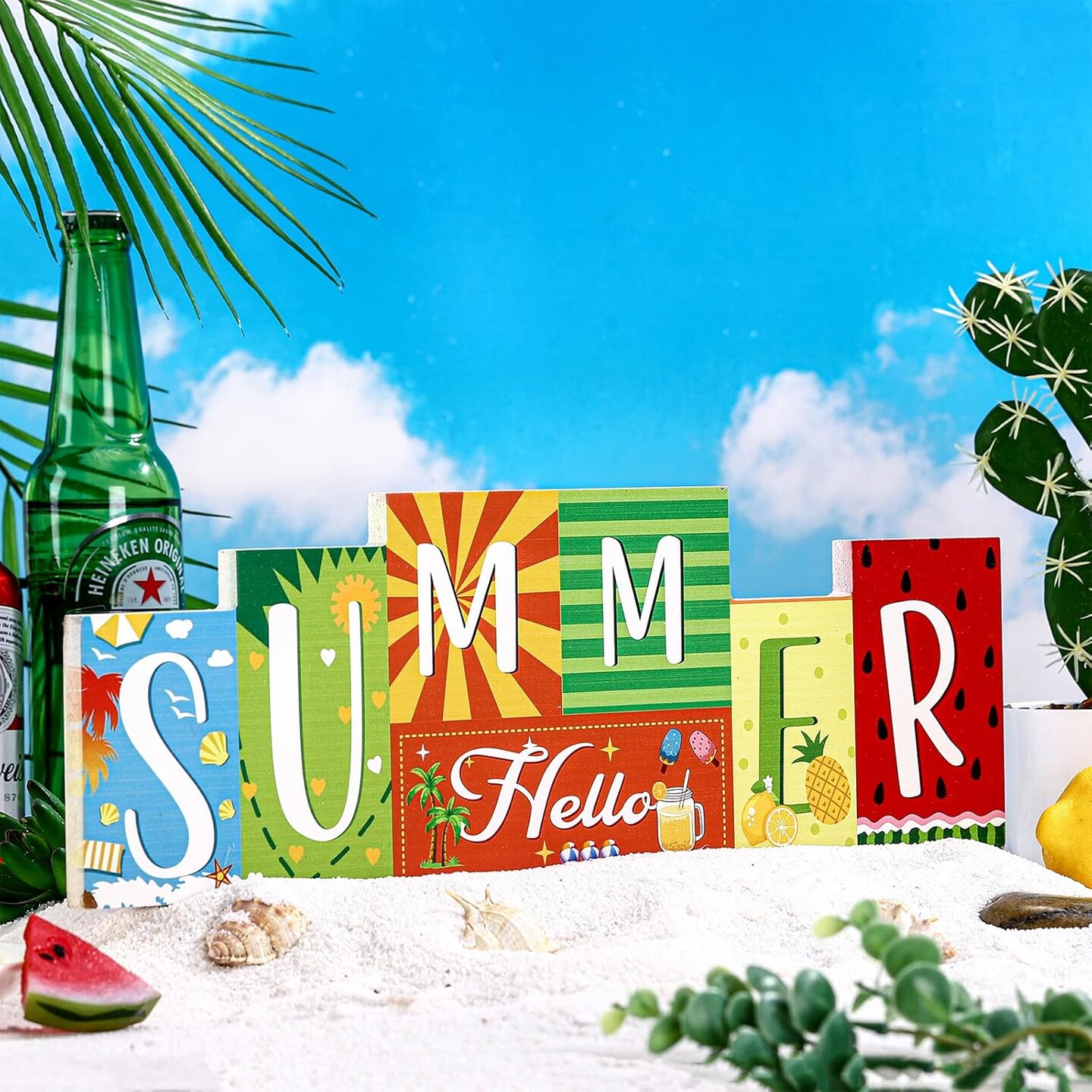 Double-Sided Summer Table Sign – Hello Summer & Happy 4th of July Wood Block Décor for Home, Office, or Tiered Tray