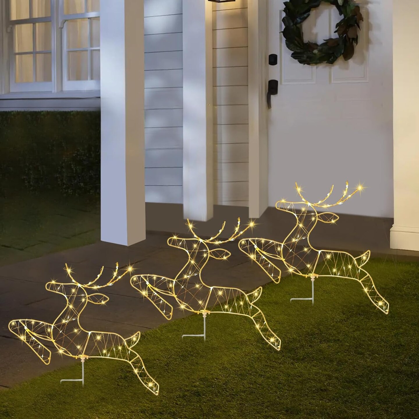 Christmas Pathway Lights Outdoor, 3 Reindeer Christmas Outdoor Decorations Pre-lit with 150 Warm White Lights and 8 Lighting Modes