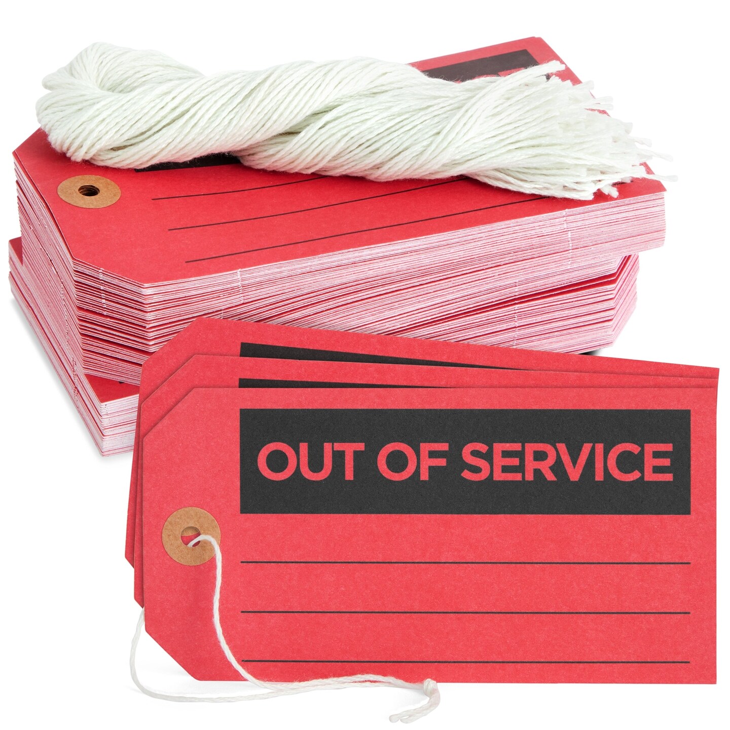 100 Pack Red Out of Service Tags with String, Bulk Set Maintenance Equipment Repair Signs for Small Business Supplies (5.75 x 3 In)