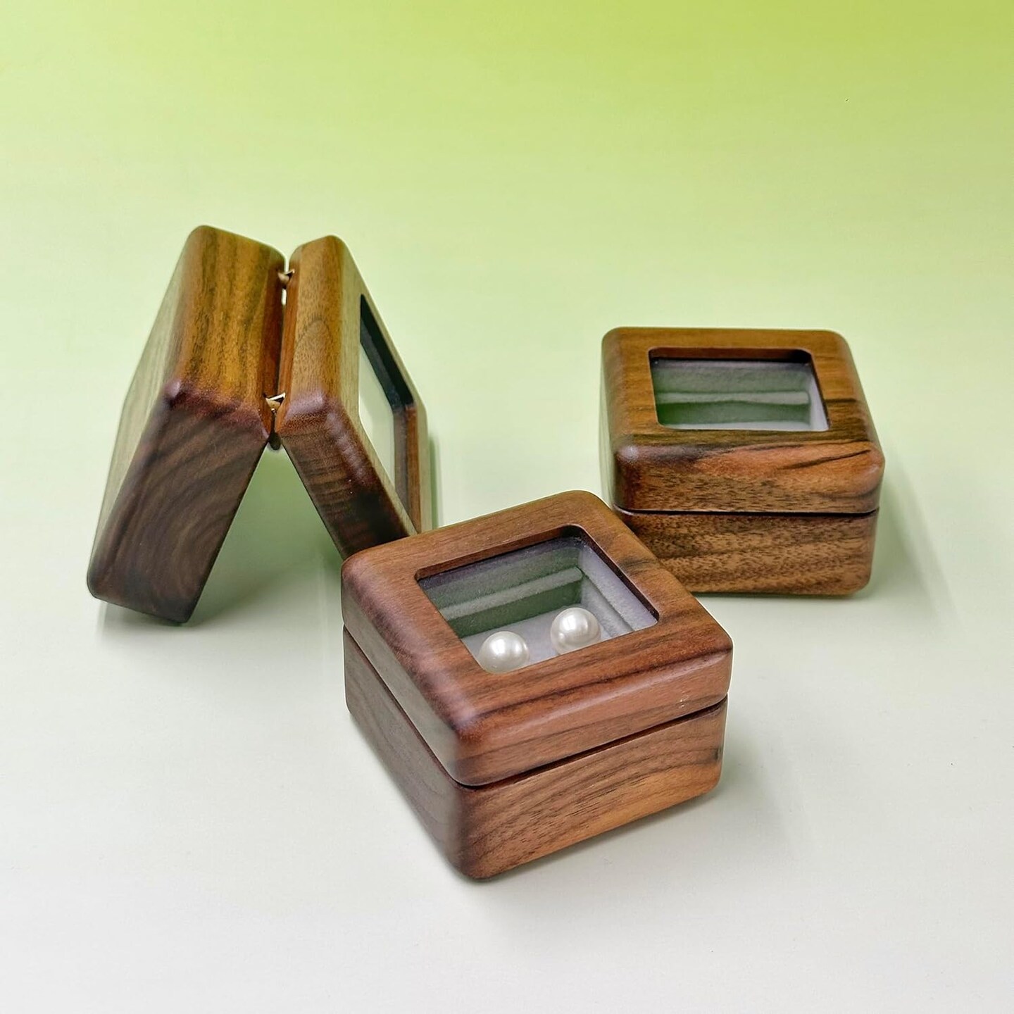 Handmade Black Walnut Wood Ring Box with Glass Lid and Velvet Lining, Minimalist Jewelry Organizer for Engagement, Proposal, Wedding, or Daily Storage, Display Case for Diamond Rings&#xFF08;1 Slots&#xFF09;