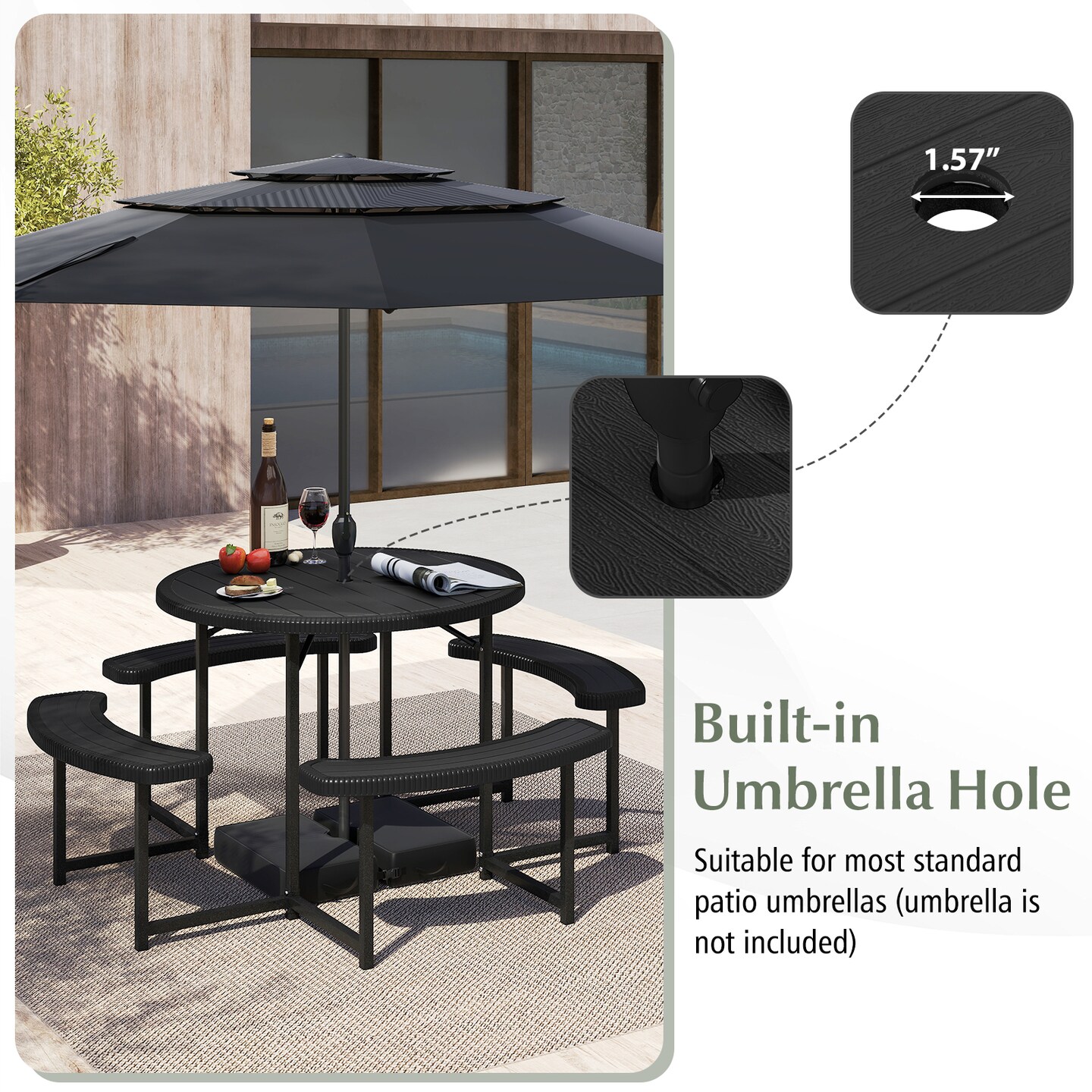 Patio Picnic Table Bench Set with 4 Seats and Umbrella Hole for Outdoor Dining