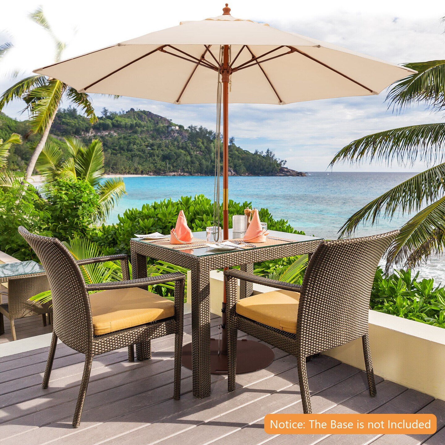 Beige 9.5 Ft Patio Umbrella with Air Vent 3-Position Tilt Rustproof Wooden Pole and Polyester Canopy