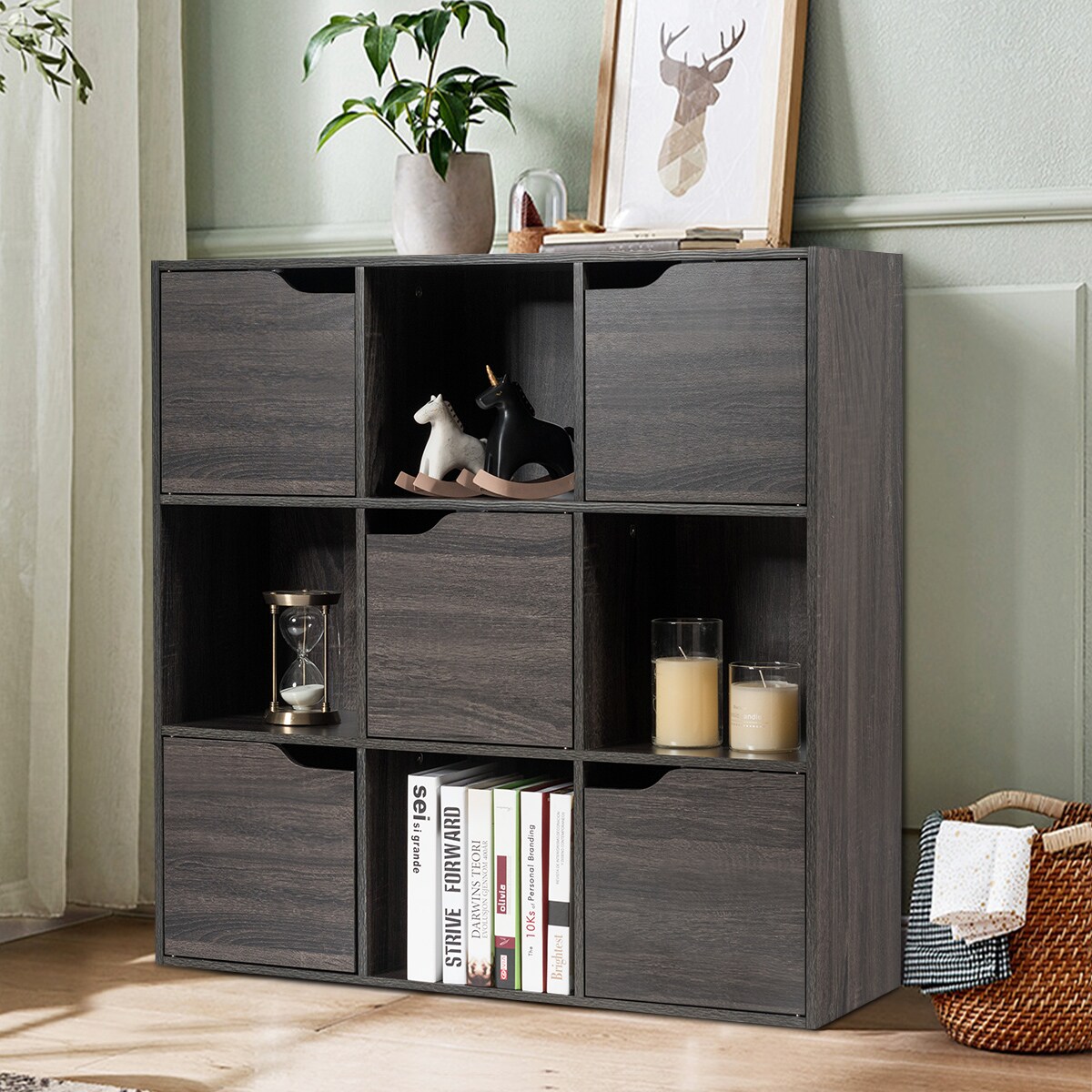 3-Tier Grey Chipboard Space-Saving 9-Cube Bookcase with Enclosed Doors for Home or Office
