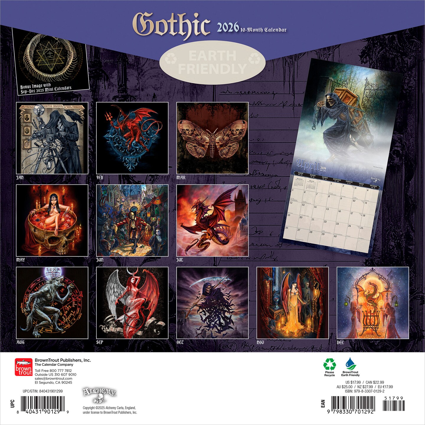 Gothic Alchemy OFFICIAL | 2026 12 x 24 Inch (Hanging) Monthly Square Wall Calendar | Plastic-Free | BrownTrout | Manchester Artists Anti Jewellery Design