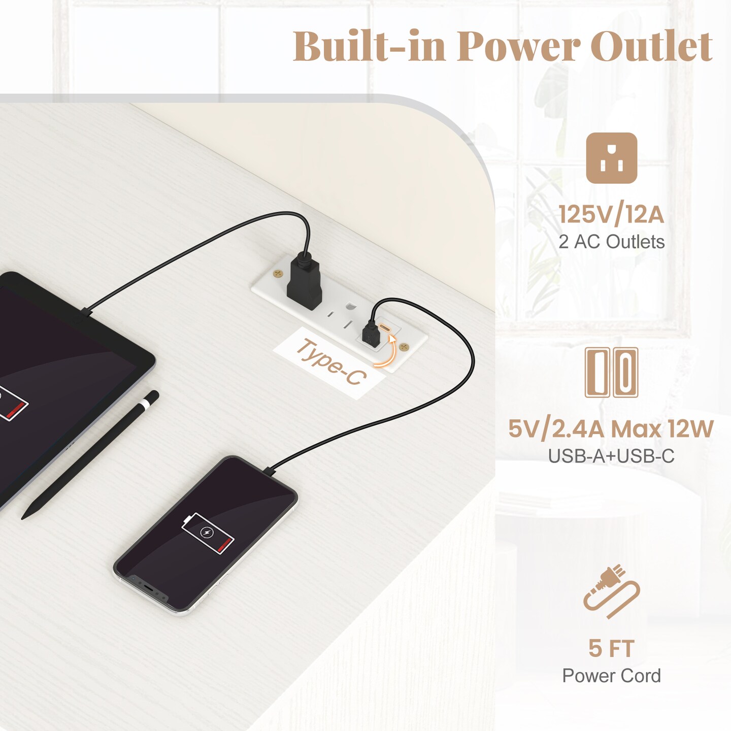 Multifunctional Computer Desk with 3 Drawers, Power Outlet and Keyboard Tray