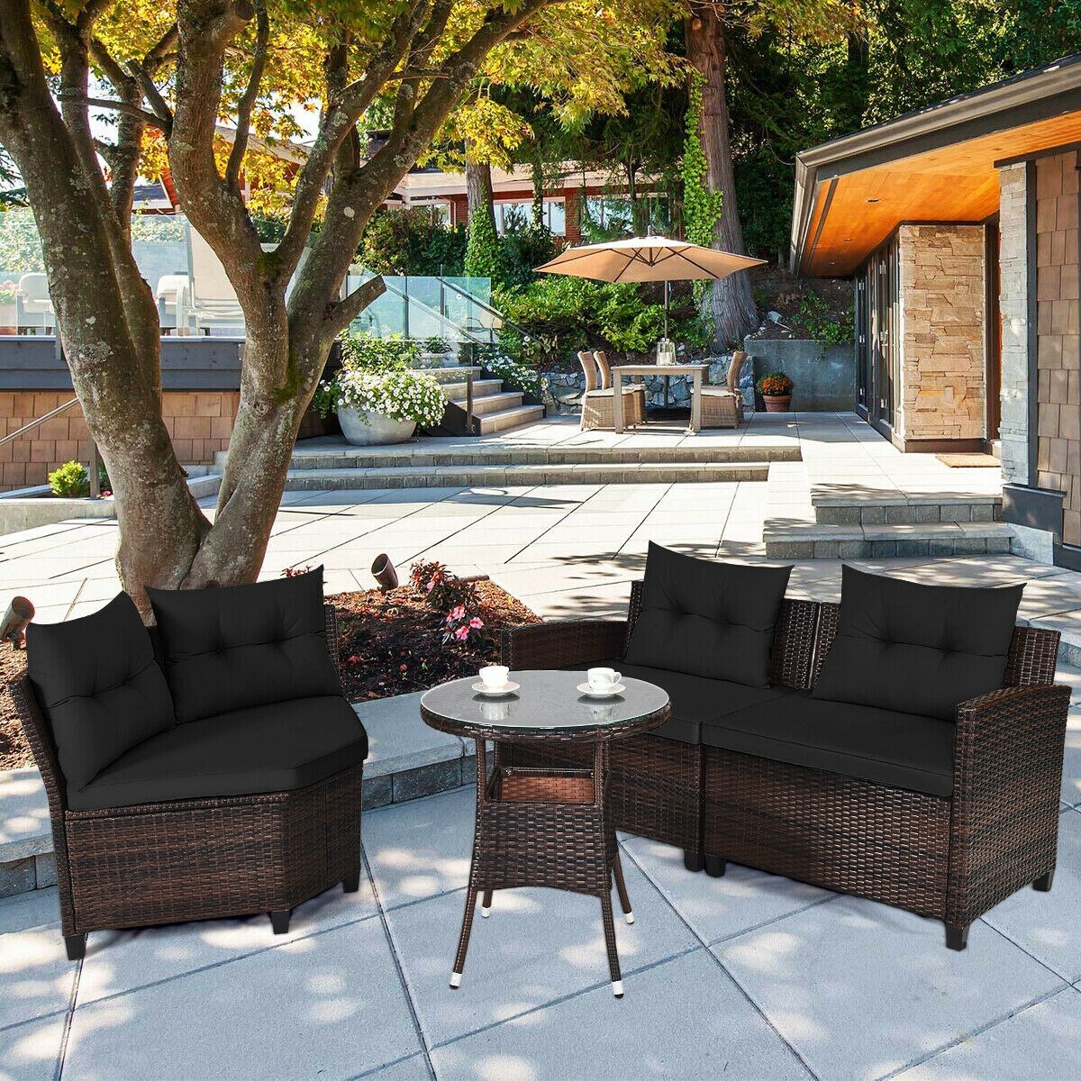 5-Piece Black PE Rattan Outdoor Sectional Sofa Set with Cushions & Round Tempered Glass Coffee Table