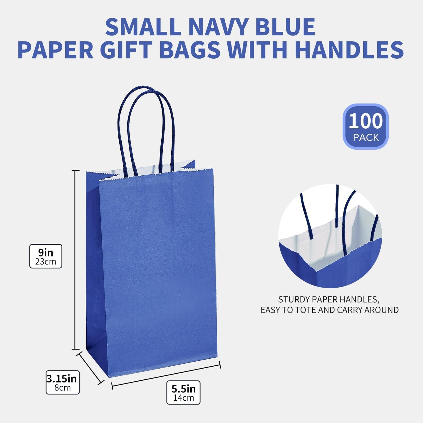 100 Pack Small Navy Paper Gift Bags with Handles (Nautic Blue) 9x5.5x3.15 Inch for Boutiques, Weddings, Graduations, Men's Birthdays, Kid's Party Favors