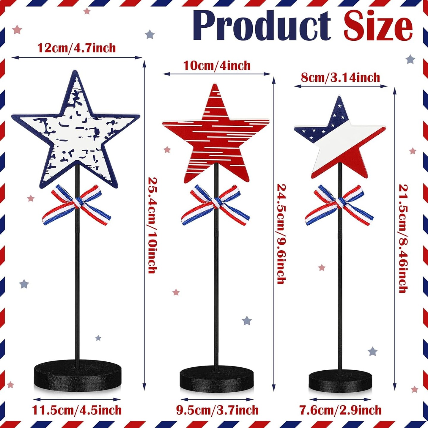 3 Pcs 4th of July Star Table Decor Memorial Day Patriotic Wooden Sign Red White Blue Star Block Tall Standing for Independence Day Table Home Kitchen