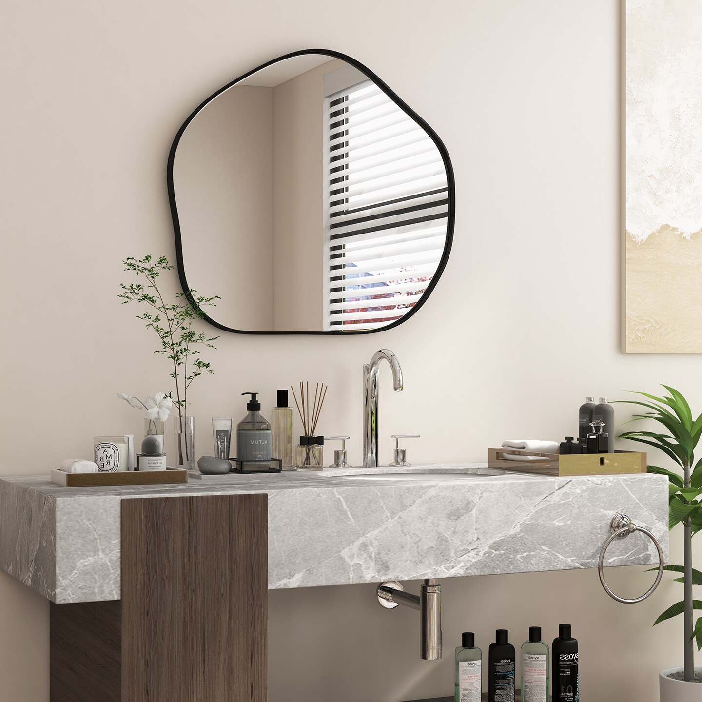 Modern Irregular Wall Mirror with Black Metal Frame for Living Room Decor 4 Hooks Included