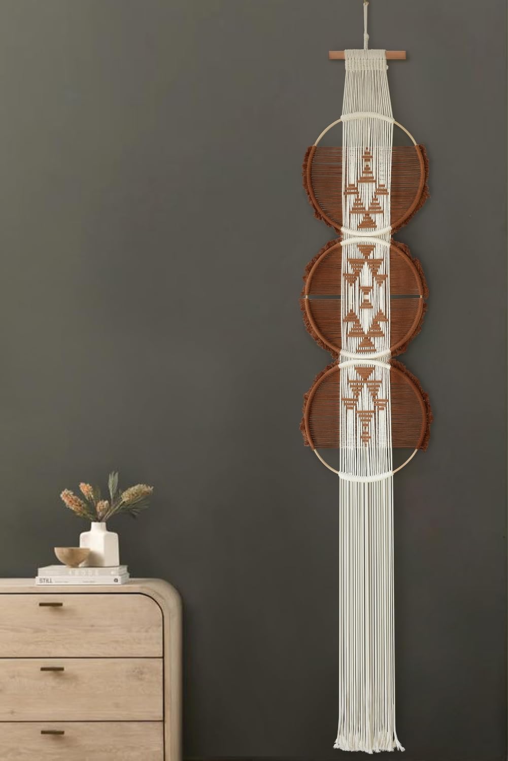 Macrame Wall Hanging Boho Wall Decor Art | Brown and White|11.8W x 65L