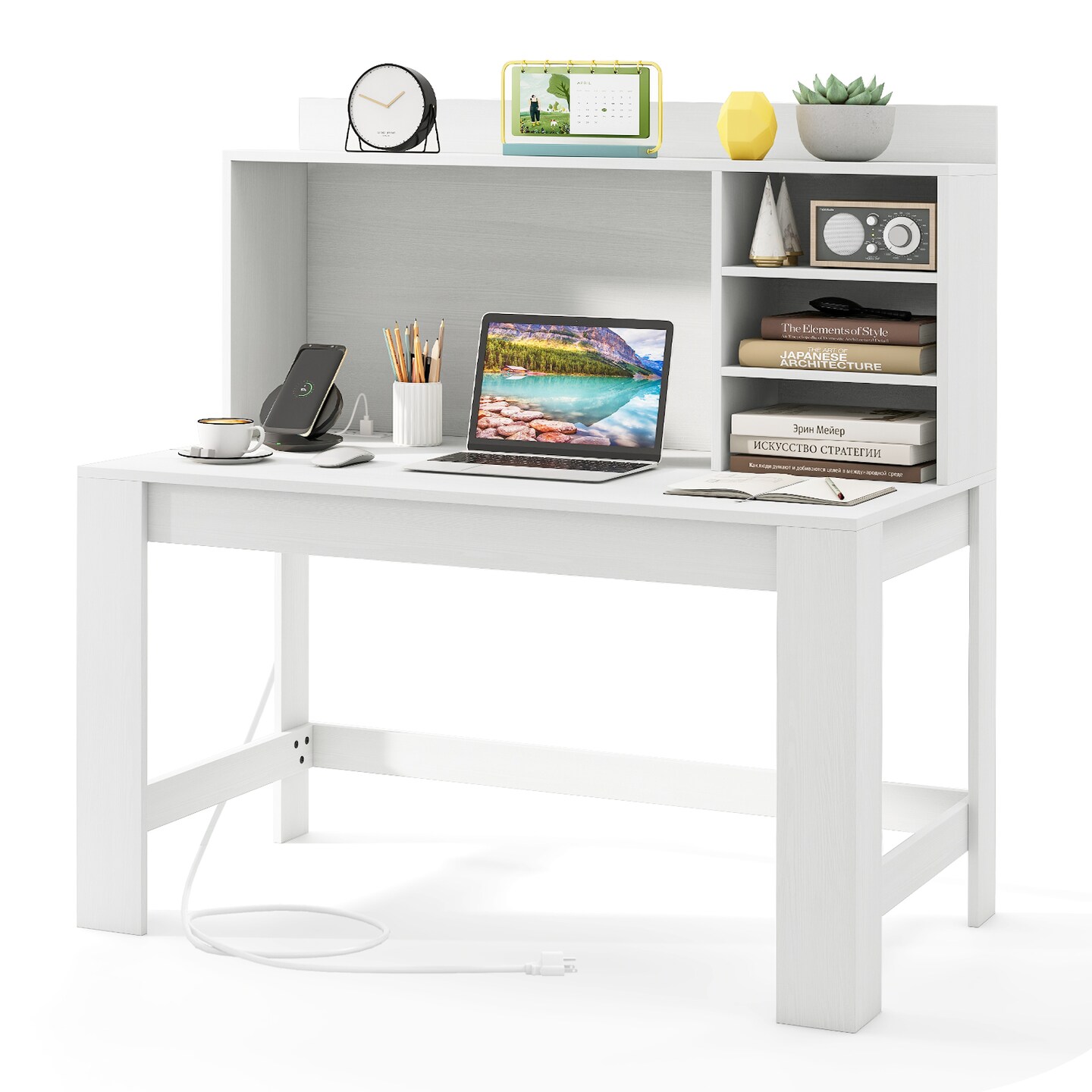 Modern Computer Desk with Hutch Built In Charging Station Storage Shelves