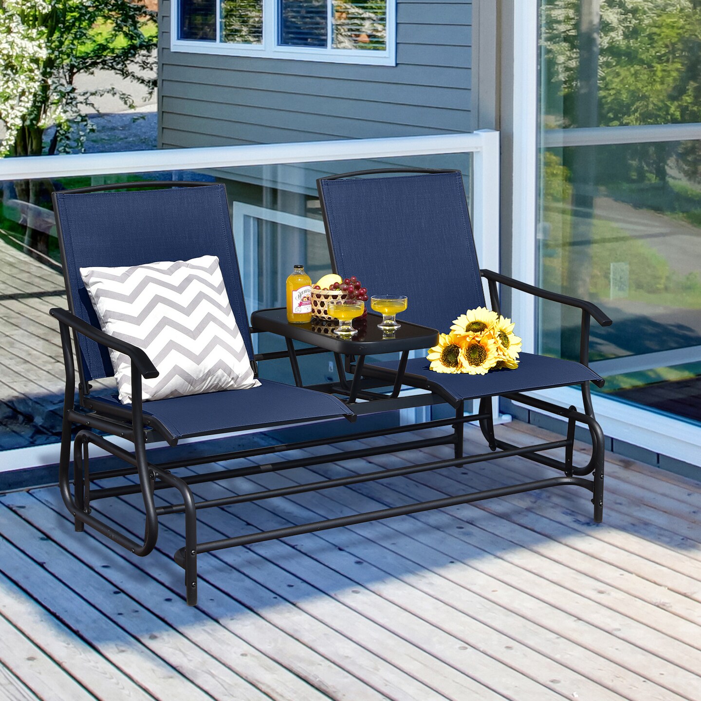 Comfortable 2-Person Double Rocking Loveseat with Glass Table and Armrests