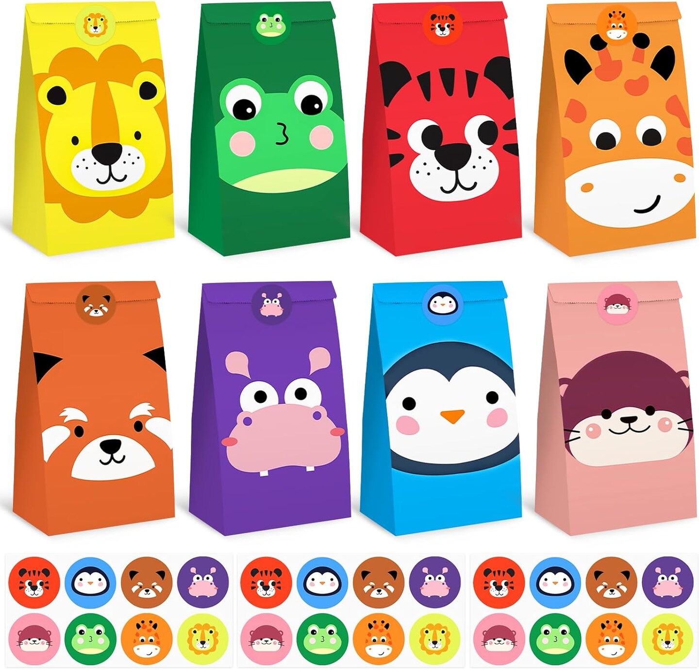24 Pack Party Favor Bags with Stickers, 4.7"x 3.1"x 8.7" Animal Paper Treat Bags for Kids Birthdays Classroom Rewards Goodie Gift Supplies