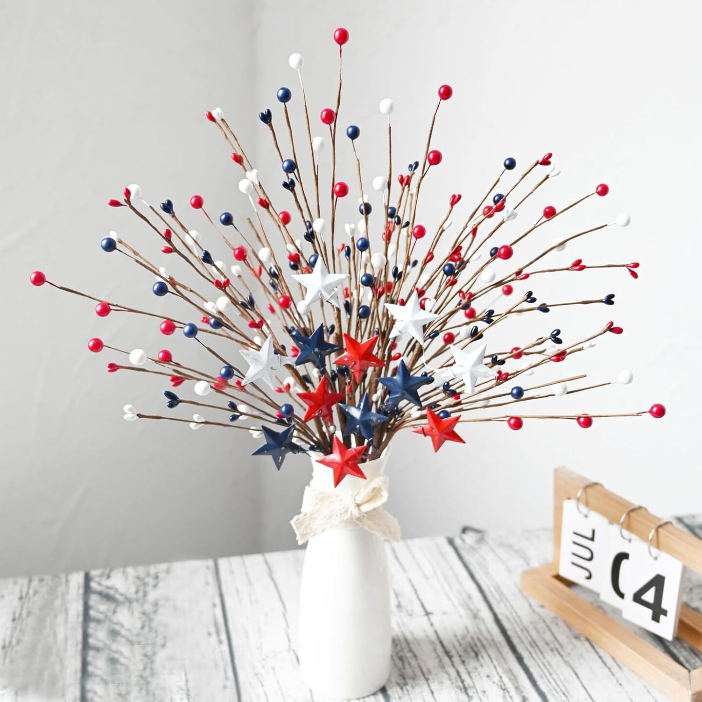 4th of July Faux Berry Branches Decorations - 4 Pack Independence Day Artificial Berry Stems with Red, White, Blue Stars, Patriotic Vase Décor for Home Office Restaurant Centerpiece