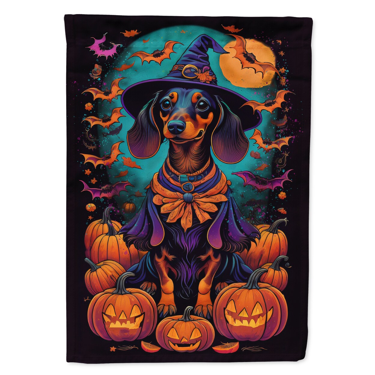 Black And Tan Dachshund Witchy Halloween House Flag