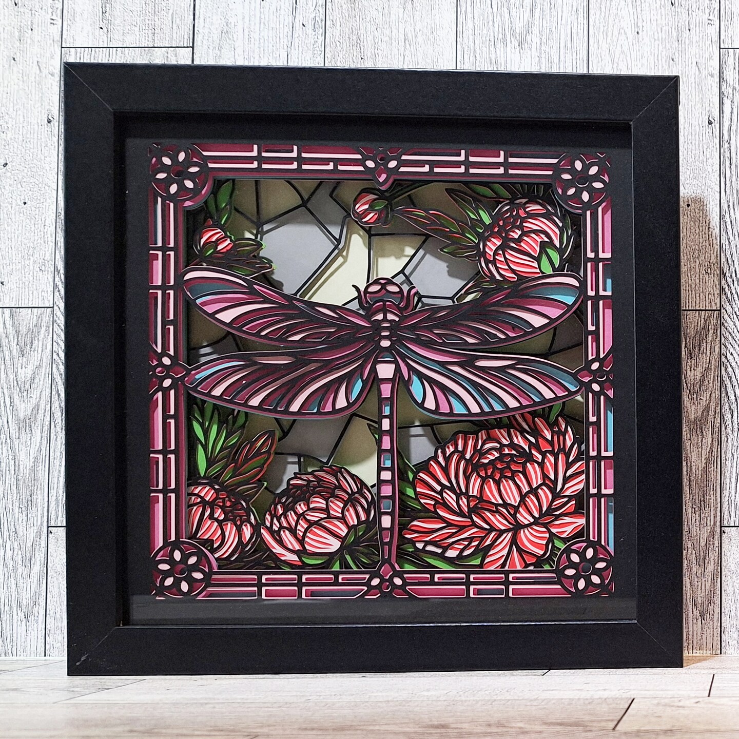 Dragonfly 3D Layered Papercraft Art Shadow Box in Pink, Red