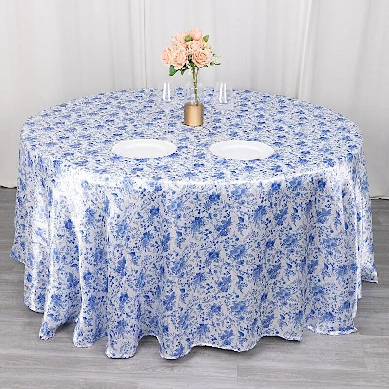 120 in White Satin Round TABLECLOTH Blue Floral Print Party Events Decorations