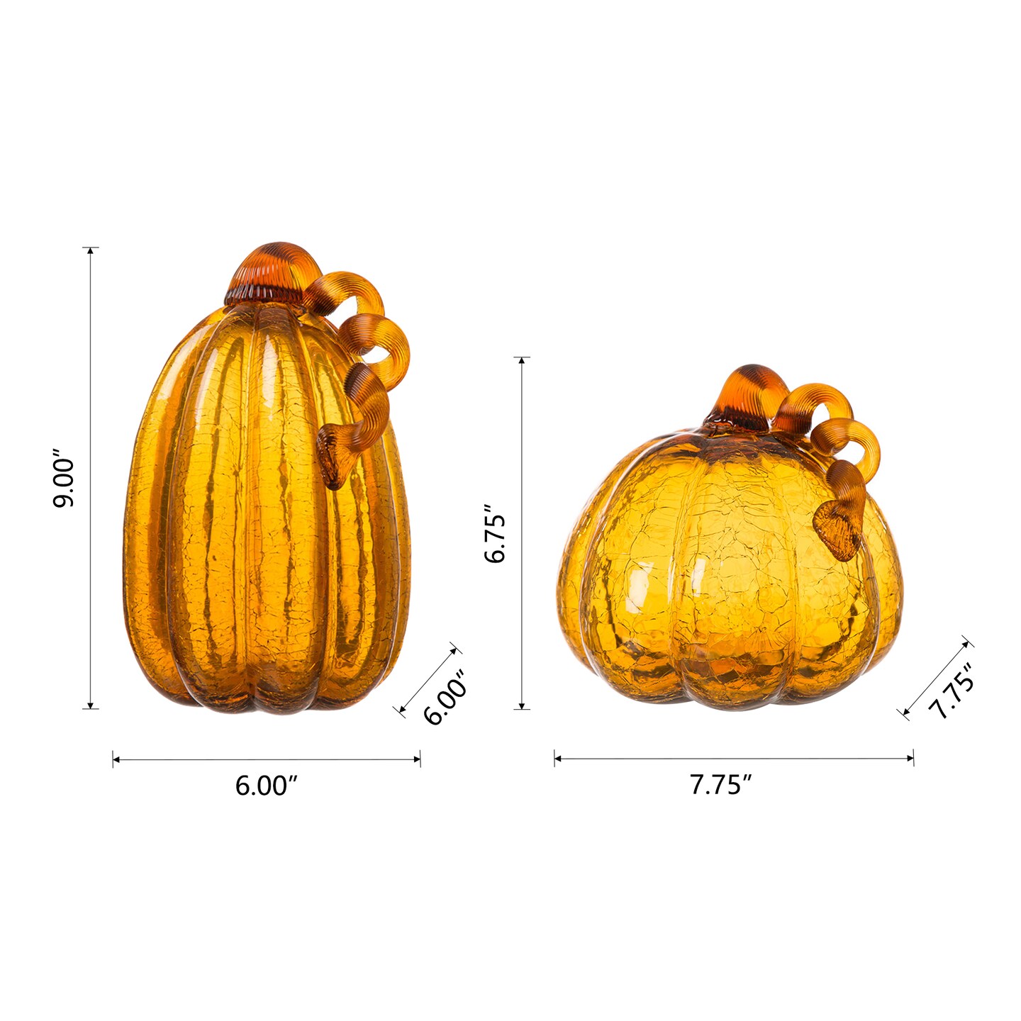 Set of 2 Handmade Amber &#x26; Crackle Glass Pumpkin