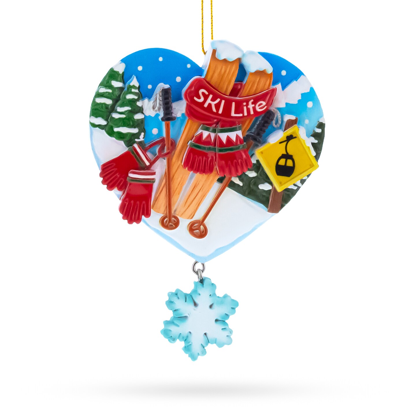 Ski Life Skis with Snowflake and Cable Car Resin Christmas Ornament
