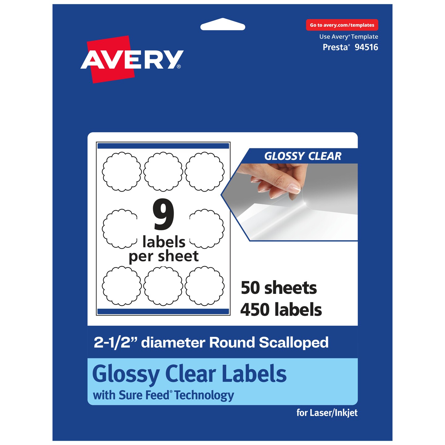 Avery Glossy Clear Round Scalloped Labels with Sure Feed, 2.5&#x22; diameter