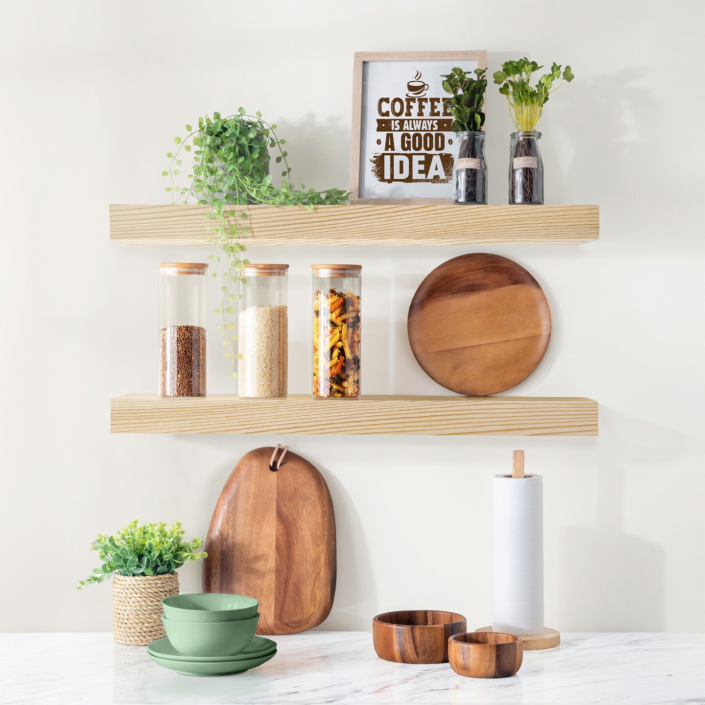 Sorbus Wood Floating Shelves for Wall - 24” Solid Wood Wall Shelves for Bathroom Decor, Books, Bedroom & Living Room - Set of 2 Black Wall Mounted Kitchen Shelves - Durable 100% Premium Solid Pine
