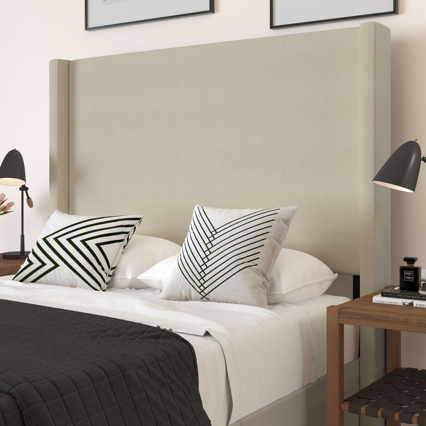 Merrick Lane Bramlett Modern Platform Bed - Gray Faux Linen - Queen - Padded Wingback Headboard - 6&#x22; Floor Clearance - Wood Support Slats - No Box Spring Needed