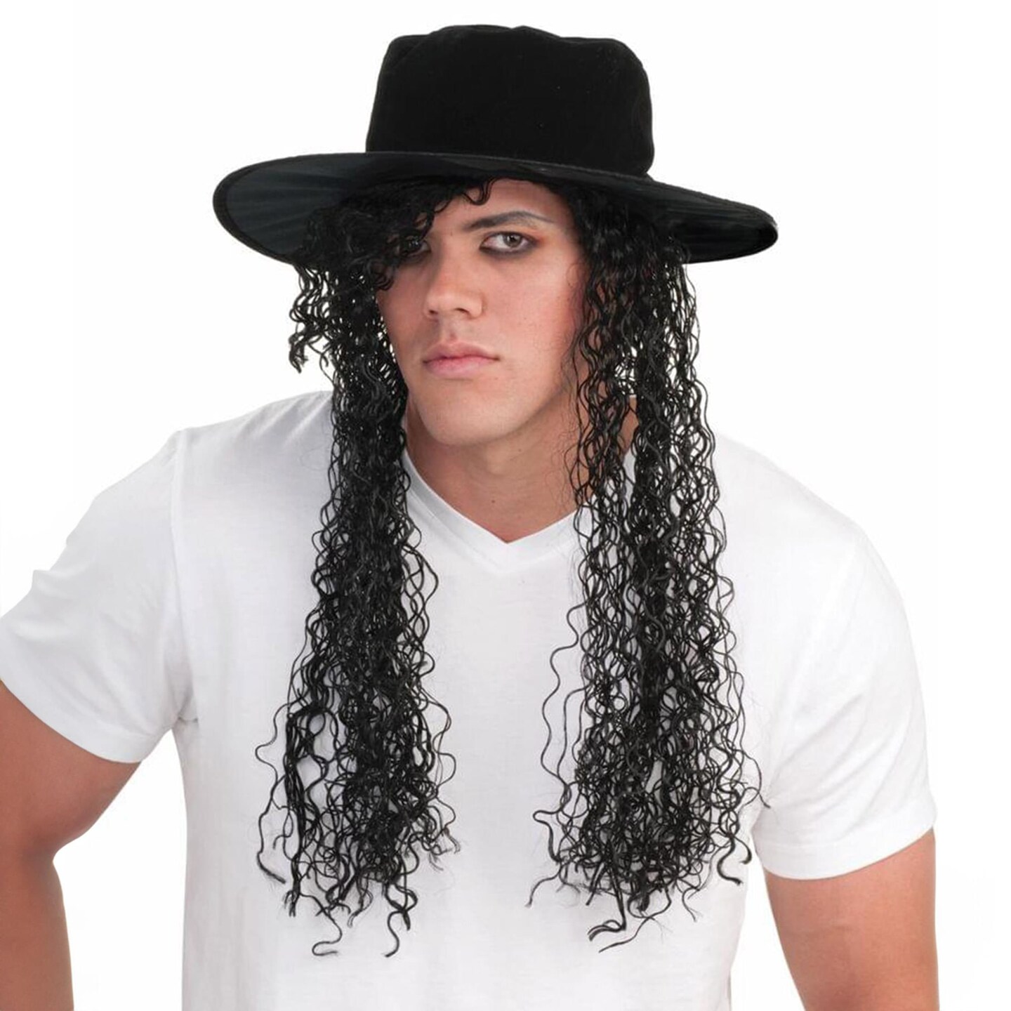 80&#x27;s Adult Hat And Black Long Curly Costume Wig