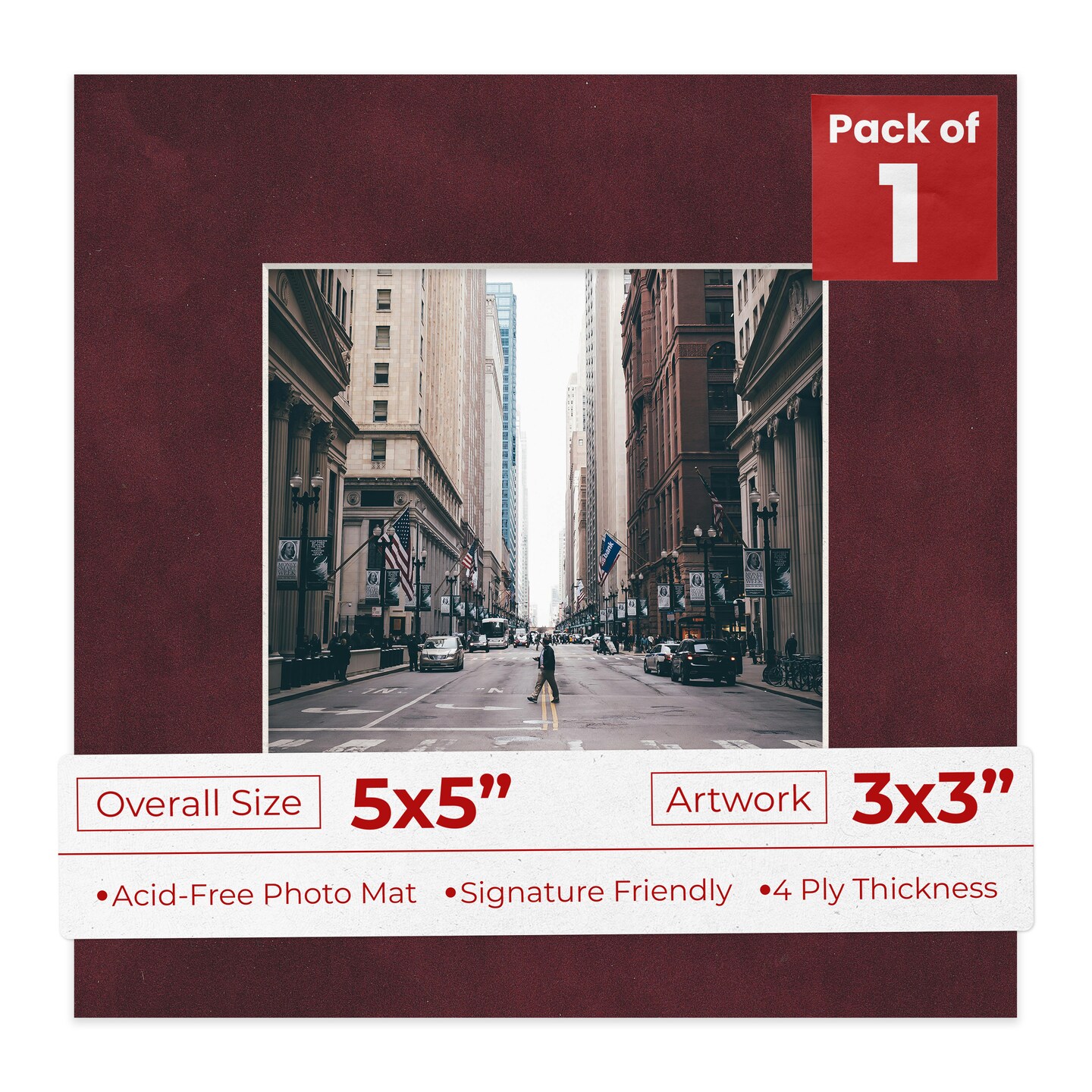 Dark Red Suede Mat Board for 5x5 Inch Frames - Fits 3x3 Photos