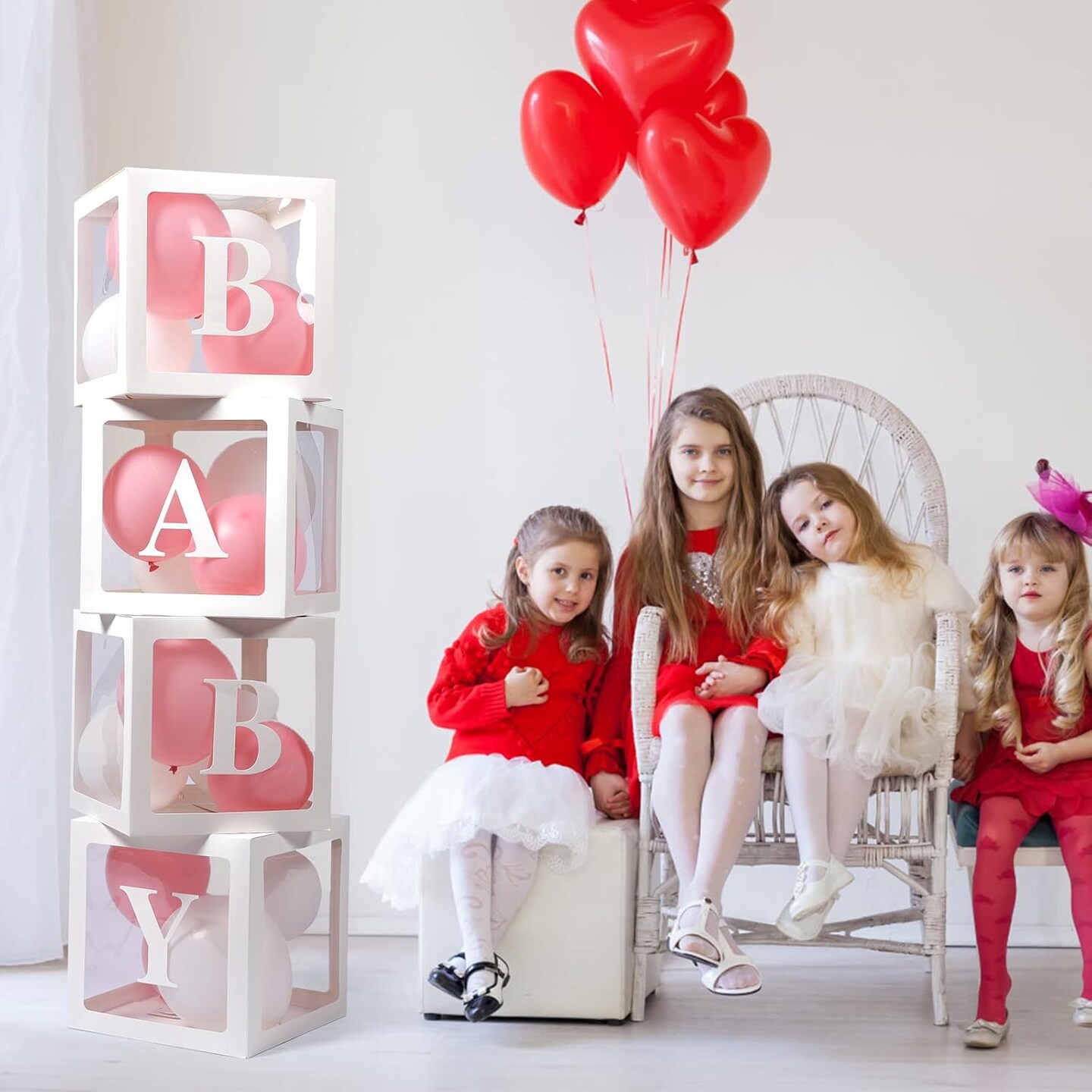 Baby Boxes with Letters for Baby Shower, 4 Transparent Balloon Boxes with Letters for Gender Reveal Birthday Wedding Baby Shower Decorations