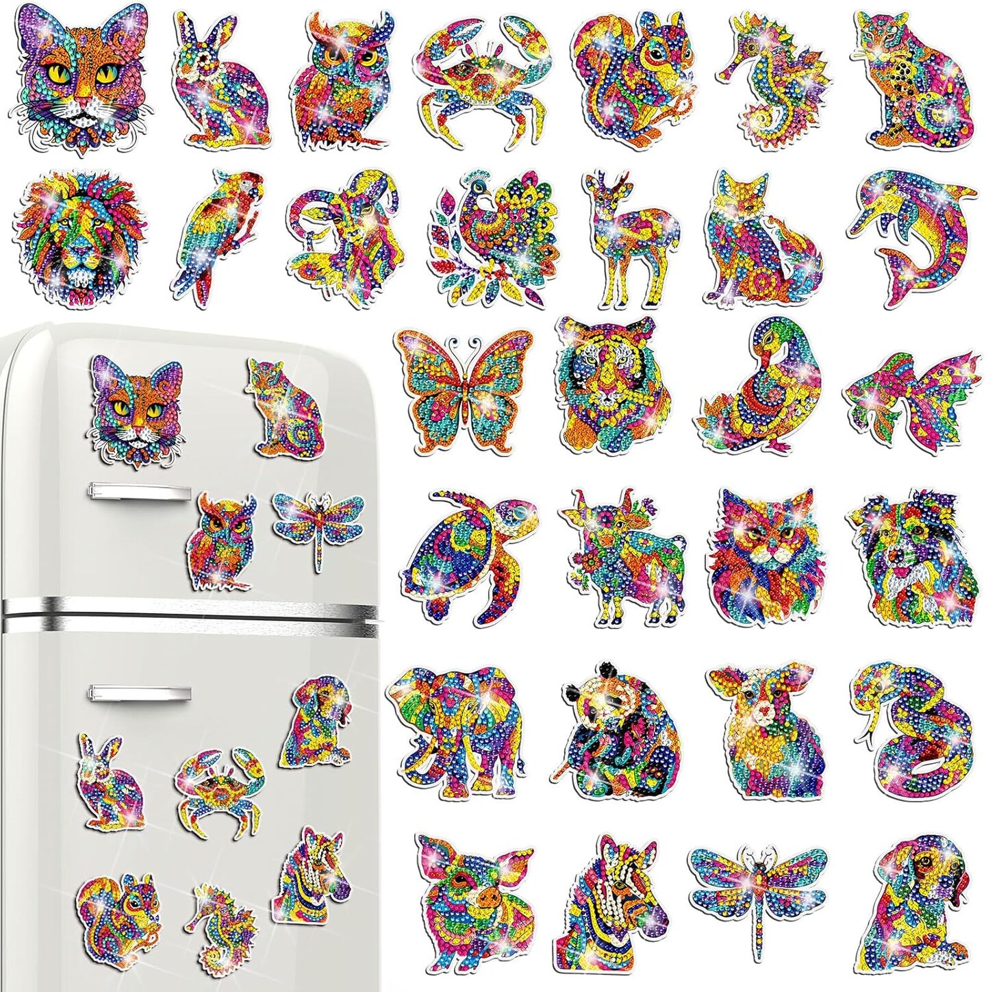 30-Piece Diamond Painting Magnet Kit for Adults – 5D Rhinestone Animal, Flower & Cupcake DIY Magnets, Refrigerator & Metal Surface Crafts, Gift Set