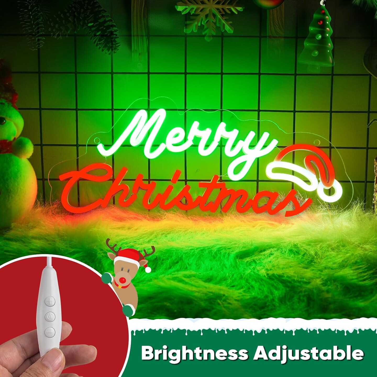 Merry Christmas Neon Sign, Dimmable Christmas LED Neon Light Sign USB Powered Green and Red, Christmas Indoor Decoration for Children Kids Bedroom Party Home Gift, 16.3” W x 7.1” H