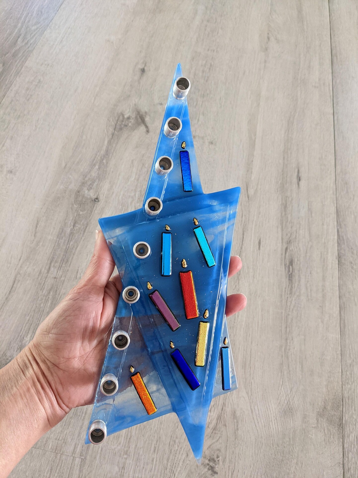 Blue Star of David glass fused menorah, kosher menorah, Jewish art wedding gift, Hanukkah gift, fun menorah by Yafitglass product 6