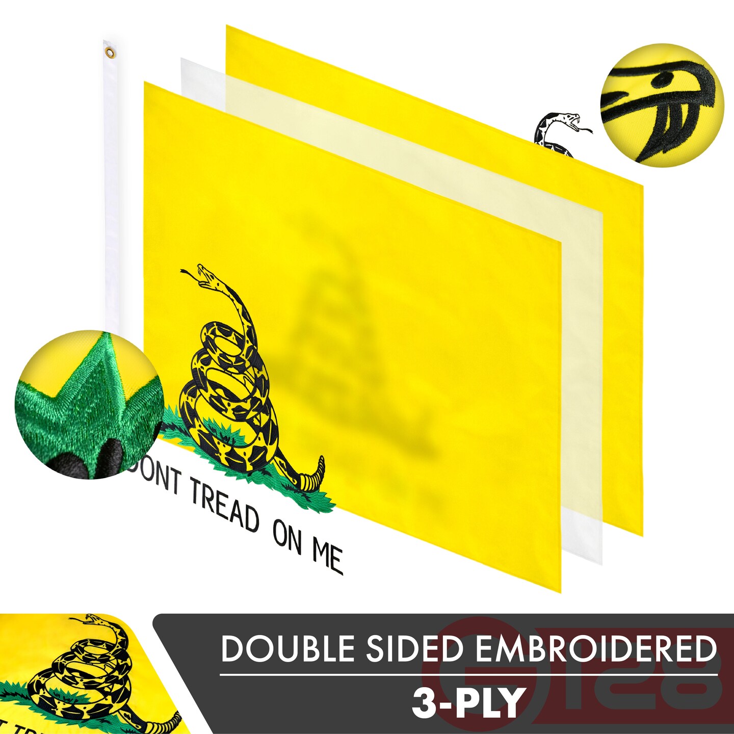 G128 3 Pack: Gadsden Don&#x27;t Tread On Me Flag | 16x24 In | Double ToughWeave Series Double Sided Embroidered 210D Poly | Historical Flag, Embroidered Design, Brass Grommets, Heavy Duty, 3-ply