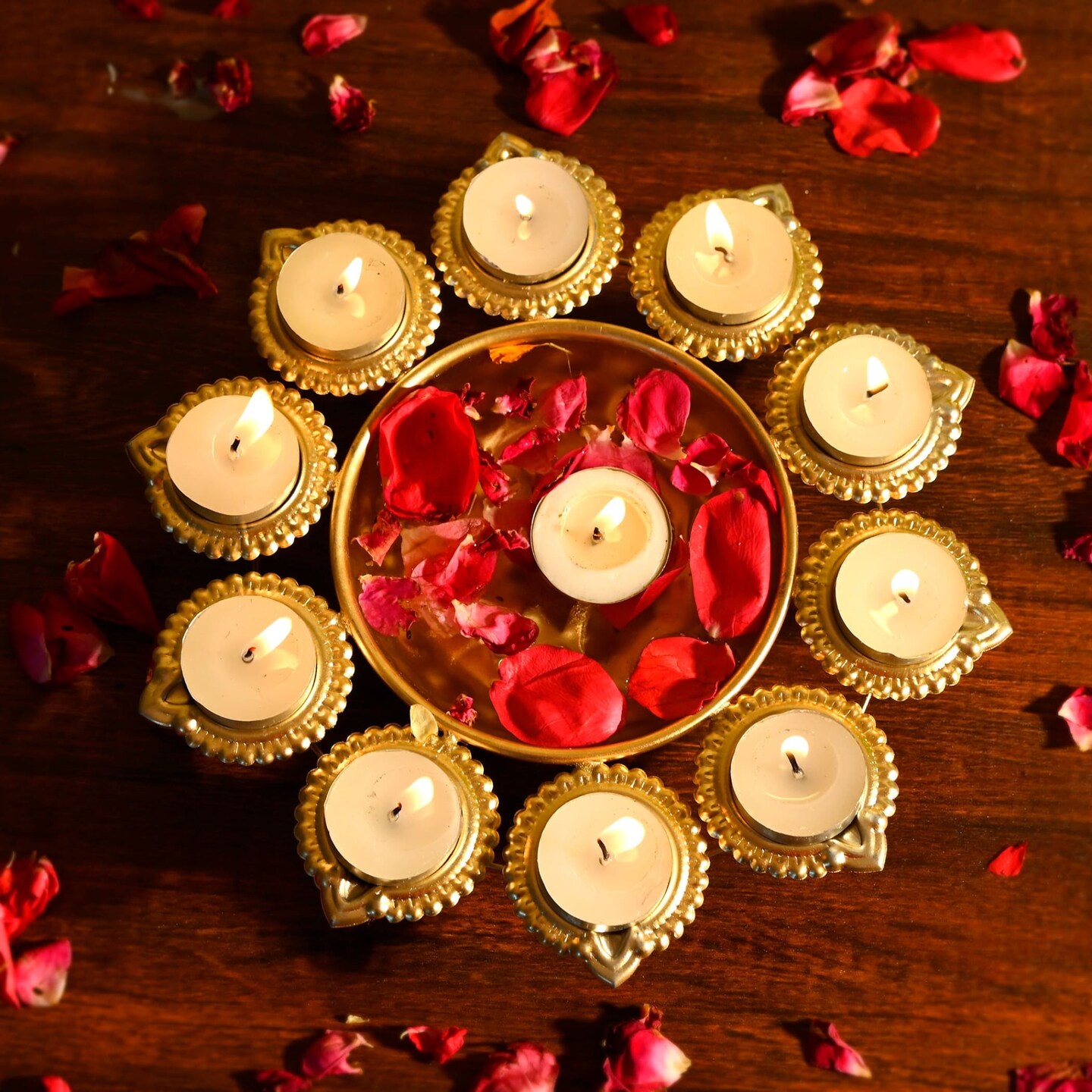 Urli Bowl Brass Finished Diya Shape Flower Decorative Urli Bowl for Floating Flowers Tea Light Candles Home Office Table Decor Diwali Decoration Indian Showpiece Items (10 Diyas)