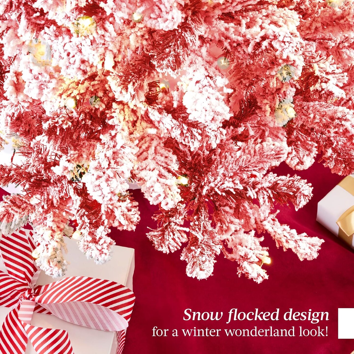 Snow Flocked Christmas Tree Full Pine with 250 White & Multicolor LED Lights, 928 Tips & Foot Switch Control